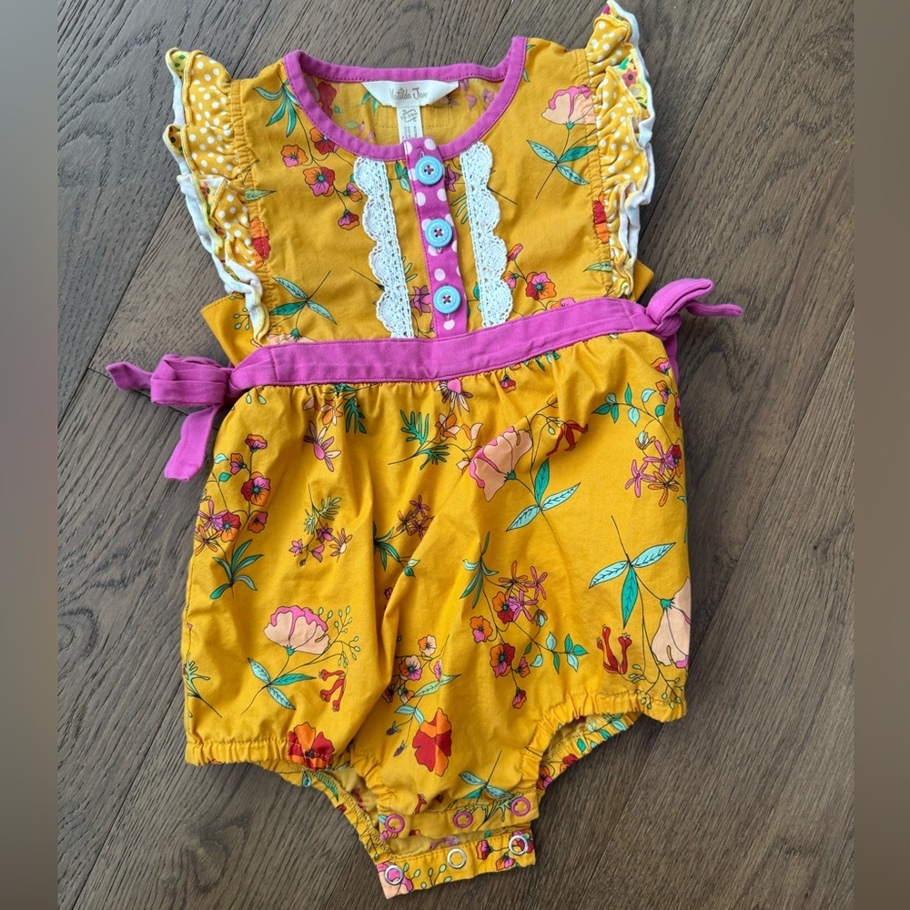 Matilda Jane Mustard Yellow Floral Romper with Pink Trim
